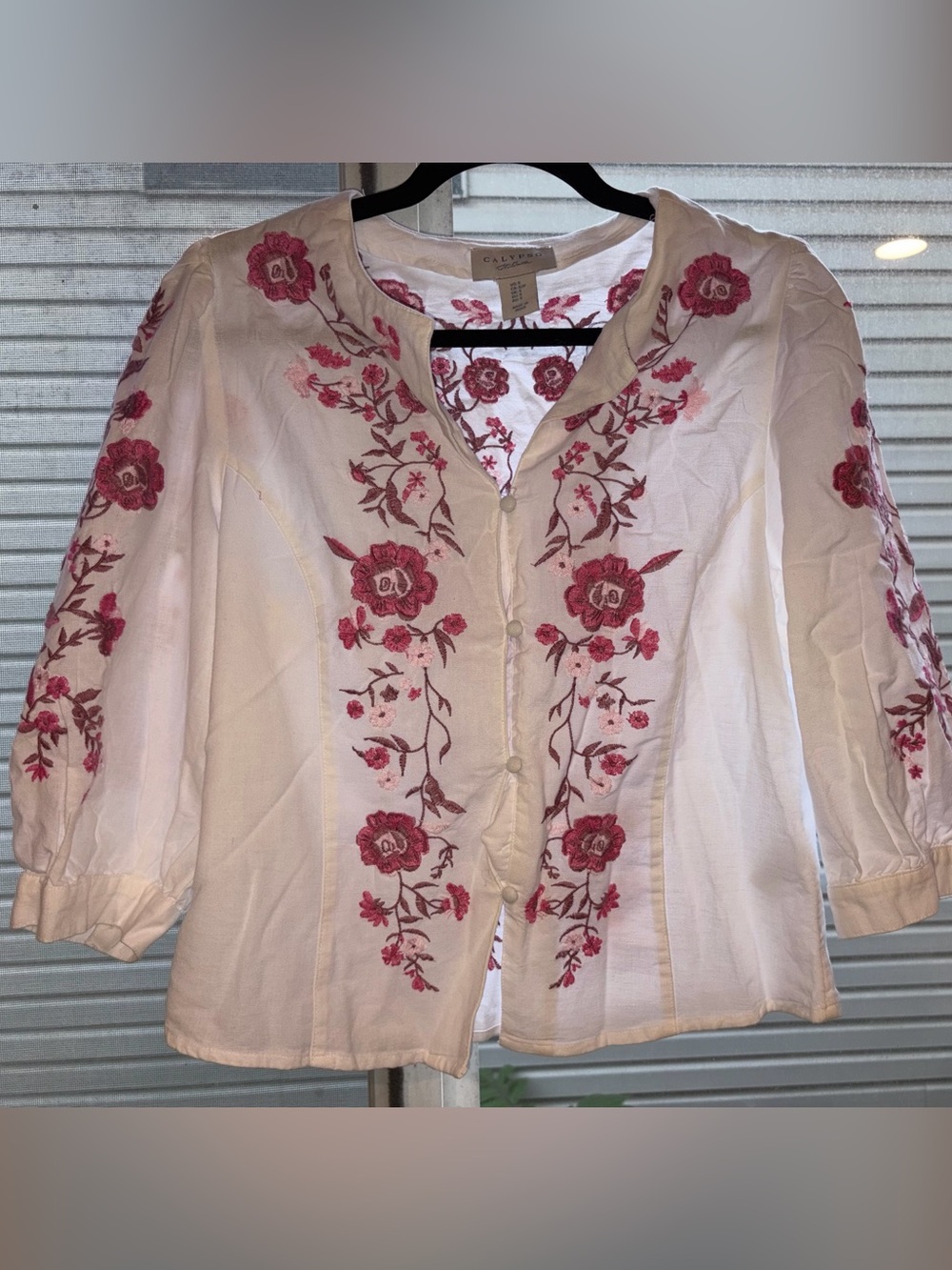 Calypso St. Barth White Button-Front Top with Pink Floral Embroidery